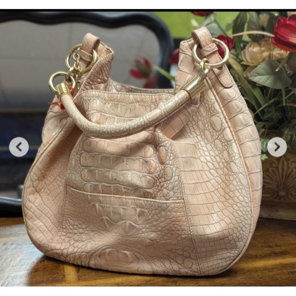 Brahmin Carmela Pink Peach Croc Embossed Hobo Shoulder Bag Luxury Crocodile